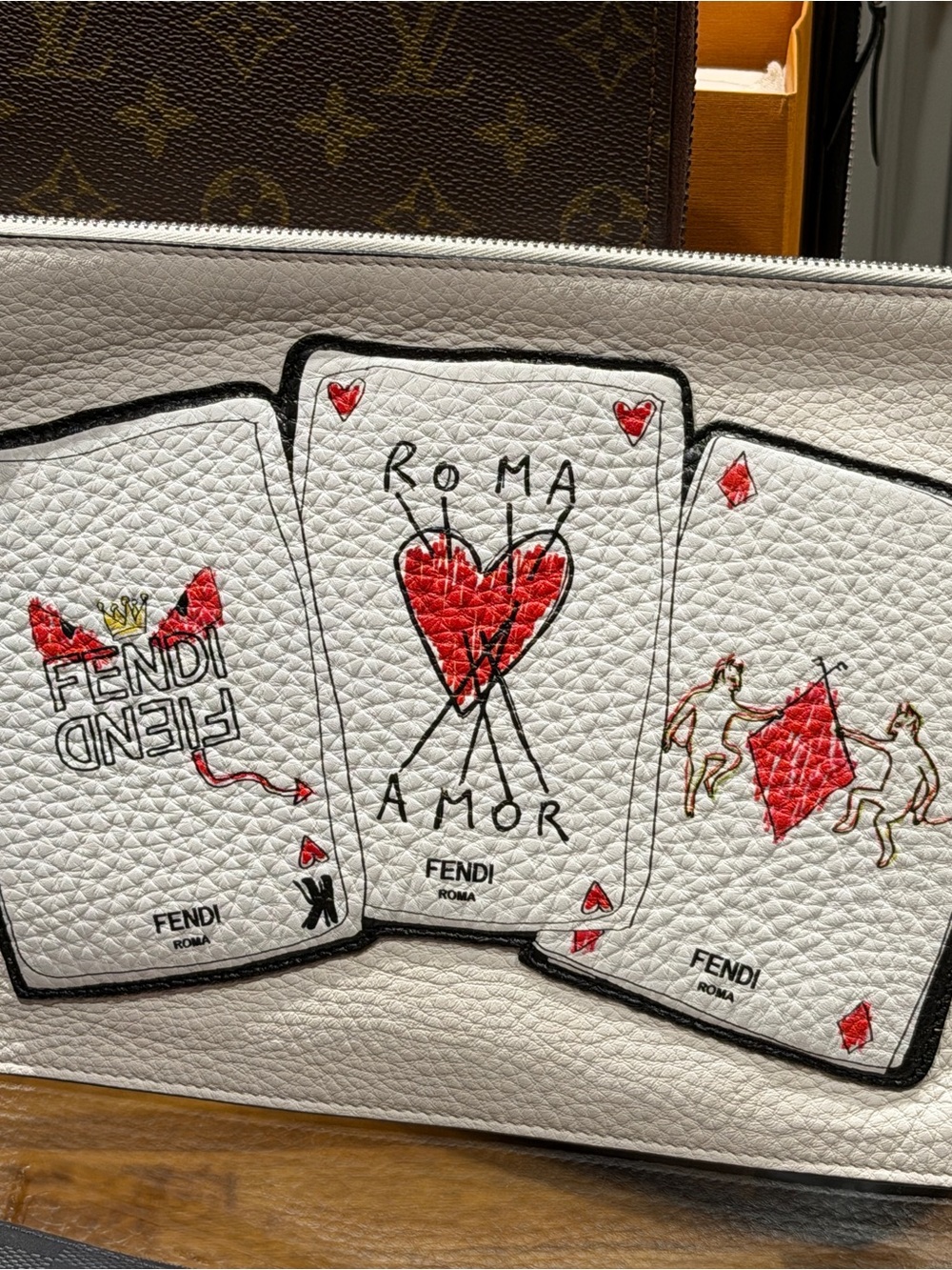 Fendi White Leather Roma Amor Playing Card Pouch with Red Accents